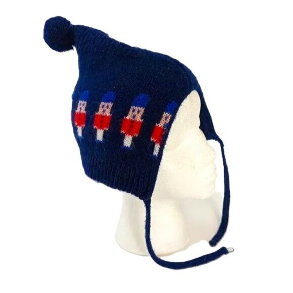 Vintage Nutcracker Holiday Christmas Knit Ear Flap Hat Beanie Pom Après Ski - Picture 1 of 6